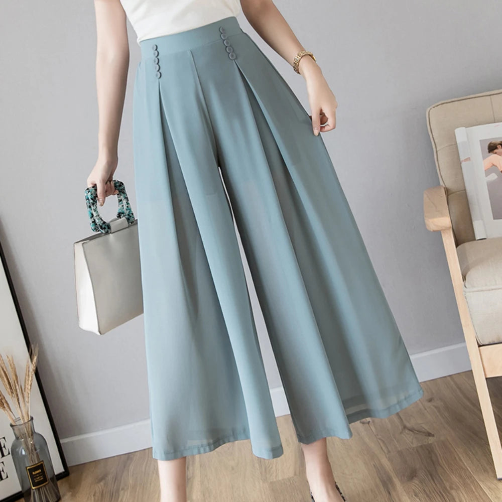 summer high waist Women's wide leg chiffon straight pleated Capris pants for women baggy pants woman trousers