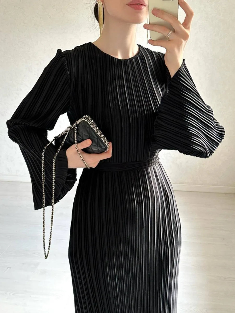 New Elegant Women's Pleated Maxi Dresses Fashion Belt Gathered Waist Solid Flare Sleeve O-neck Dress Females Party Dresses