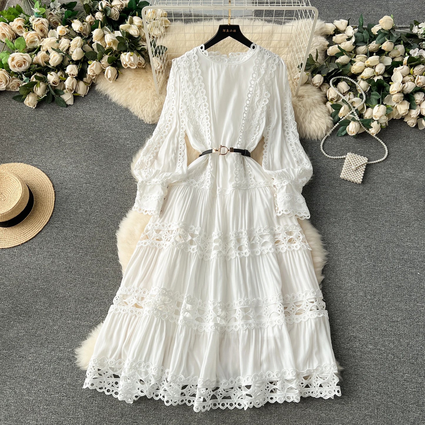 French Vintage Lace Hollow Patchwork Puff Sleeves O Neck Dress Casual Women Fashion Autumn Vacation Dress