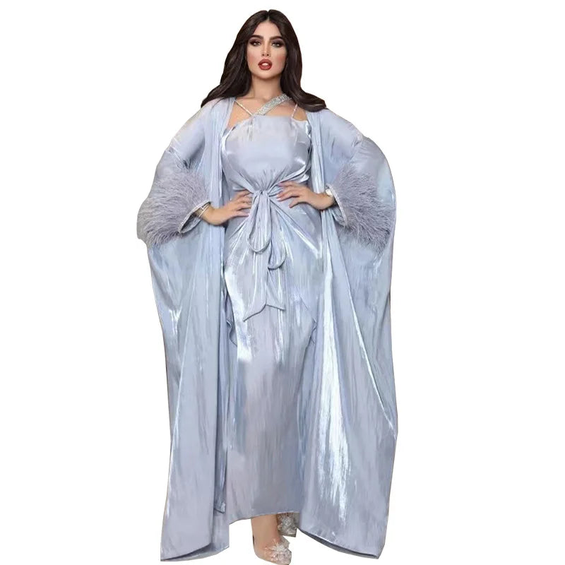 Ramadan Middle East Muslim Women's Feather Hot Diamond Three Piece Dress Islamic Robe