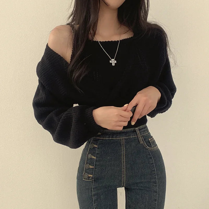 Knitted Sweaters Two Piece Korean Fashion Slim Sleeveless Strap Tank + V Neck Long Puff Sleeve Pullover Crop Top Dropshipping