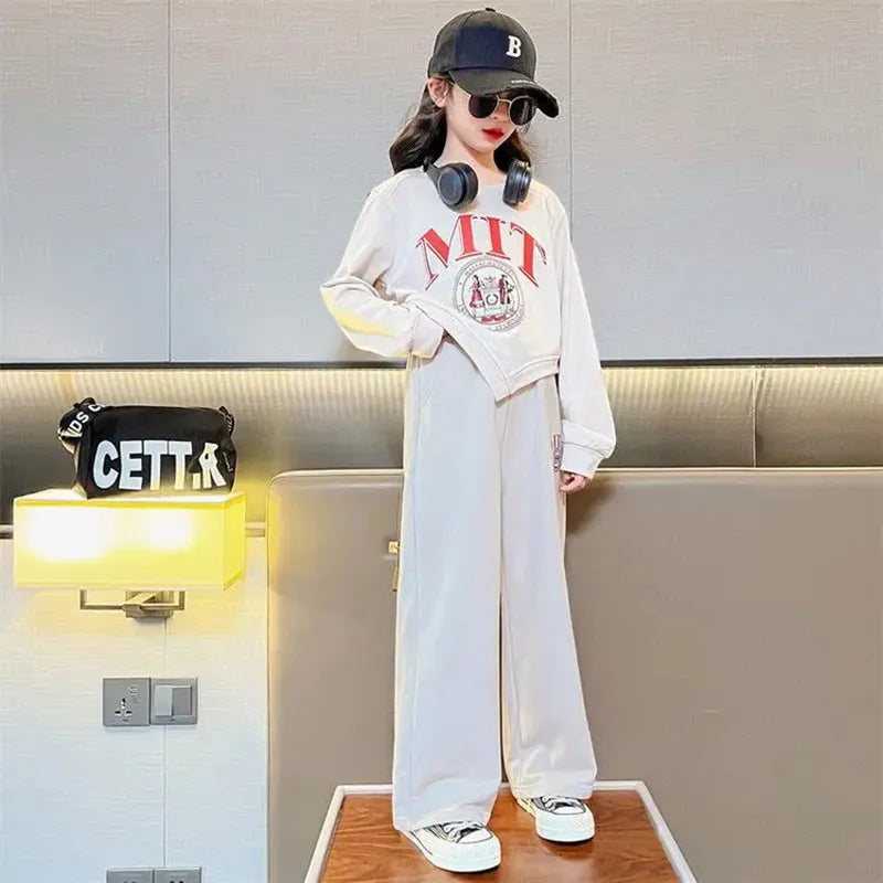 Girls Casual Sports Suit Kids Fashion Printed Letter Irregular Top Long Pants 2 Piece Set 3-15Y  Clothing Trend