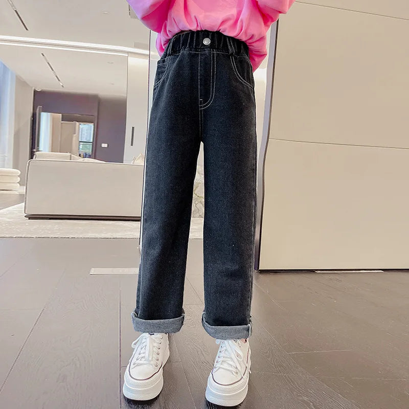 Spring Autumn Teenager Girls Denim Pants Children Trousers New Fashion Solid Color Girls Jeans