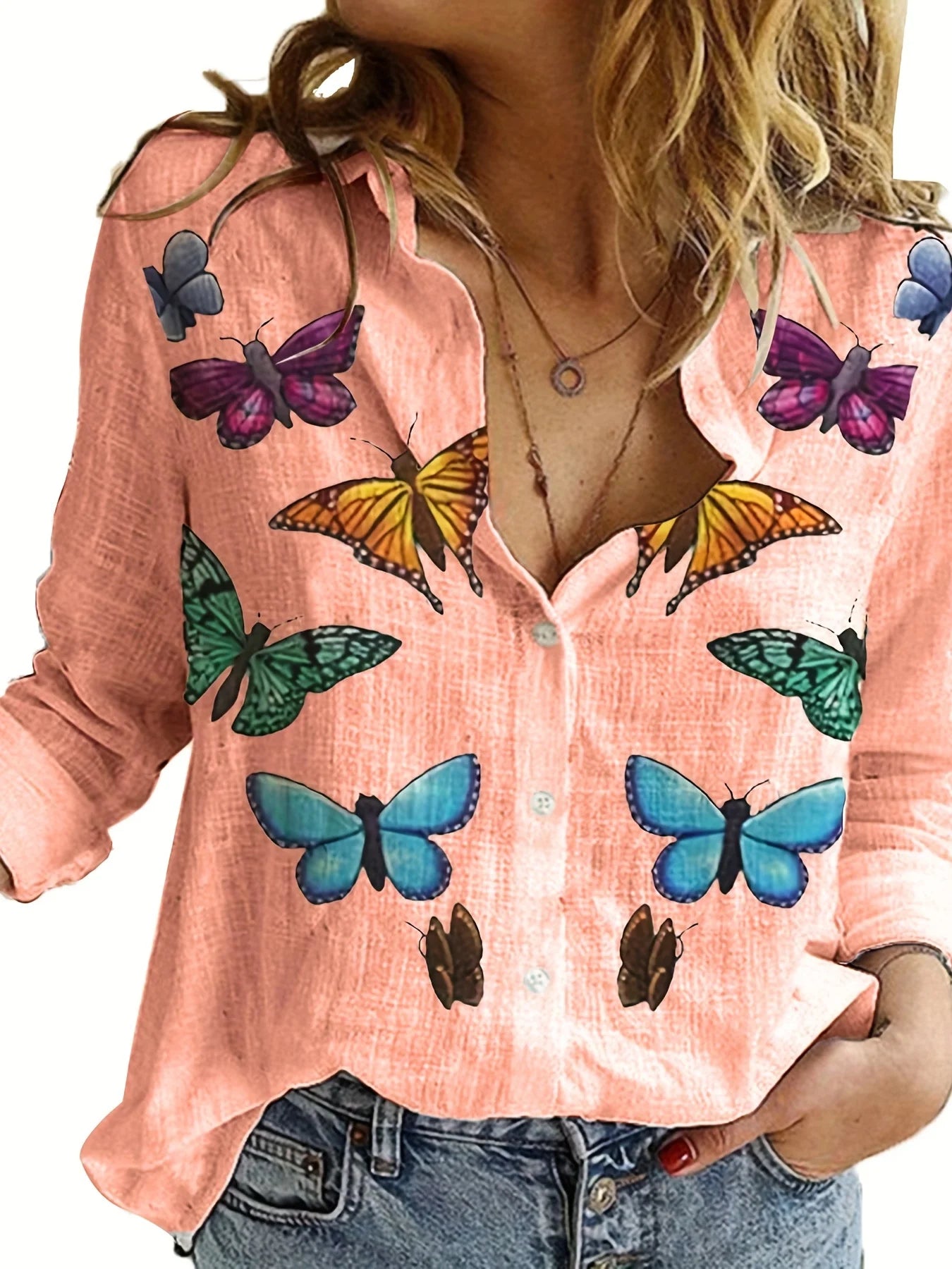 Fashion Retro Butterfly Group Print Long Sleeve Blouse  Spring Spring Lapel Button Casual Blouse Ladies Home Shirt