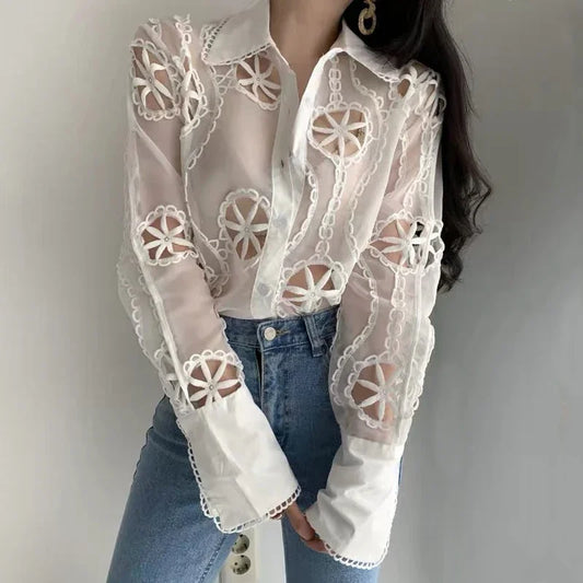 Women's Long Sleeve Floral Embroidery Blouse, Vintage Tops, Loose Casual Blouses