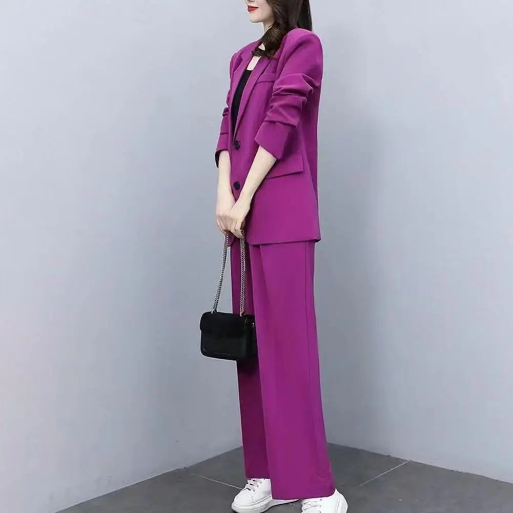 Women  Suits Fashion Single Buttons Business Blazer Solid Casual Coat Trousers 2 Pcs Set  Wear Wide-Leg Pants