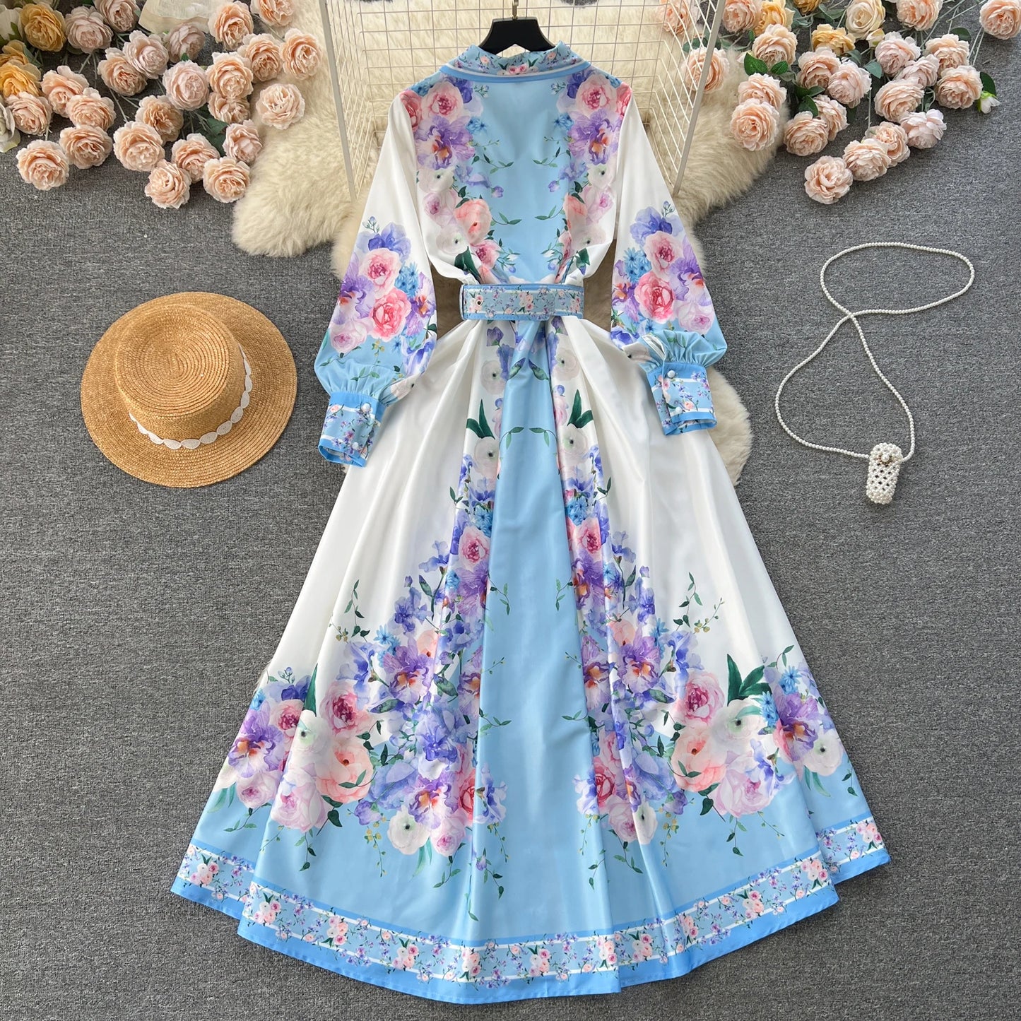 Spring Women'S Clothing Floral Print Shirt Dress Long Puff Sleeve Socialite Office Party Maxi Dress Vestidos