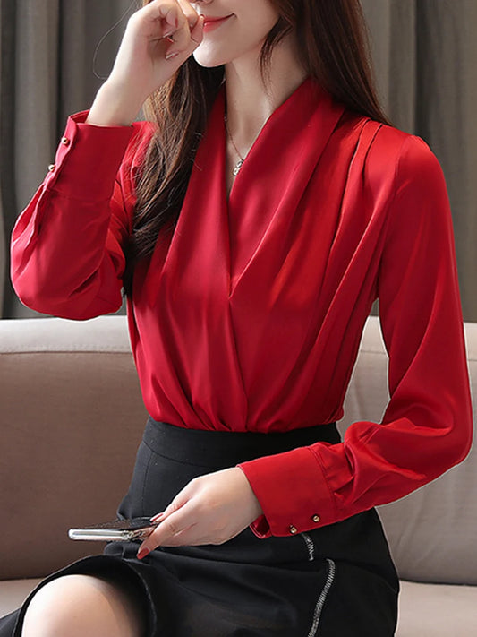 Deep V-neck Satin Blouses Women Chiffon Shirts Solid Elegant Female Tops White Red Ladies Clothes Long Sleeve