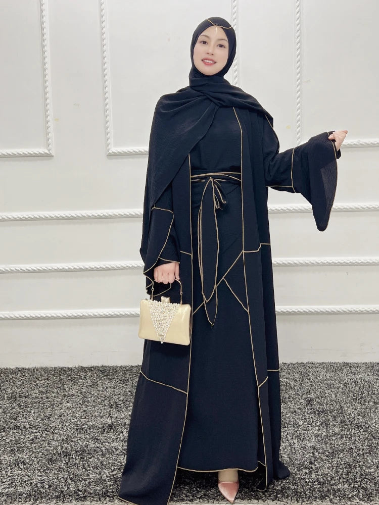 Muslim Sets 3 Piece Abaya Set Matching Outfit Open Abayas for Women Jilbab Hijab Dress + Wrap Skirt Islam Clothes