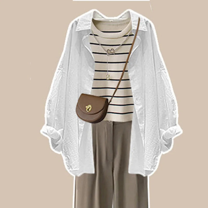 Spring and Autumn Set Women's  New Large Women's Casual Shirt Knitted Tank Top High Waist Wide Leg Pants Three Piece Set