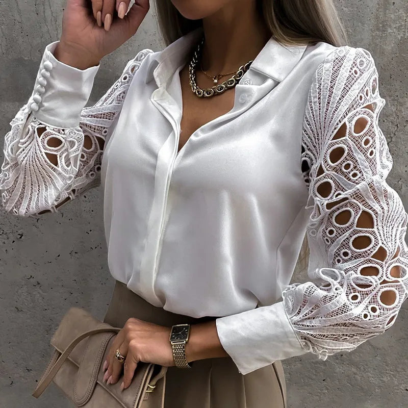 White Lace Patchwork Camisa Top Mujer Spring Summer Casual Long Sleeve Shirts For Women Vintage Hollow Out Button Blouses