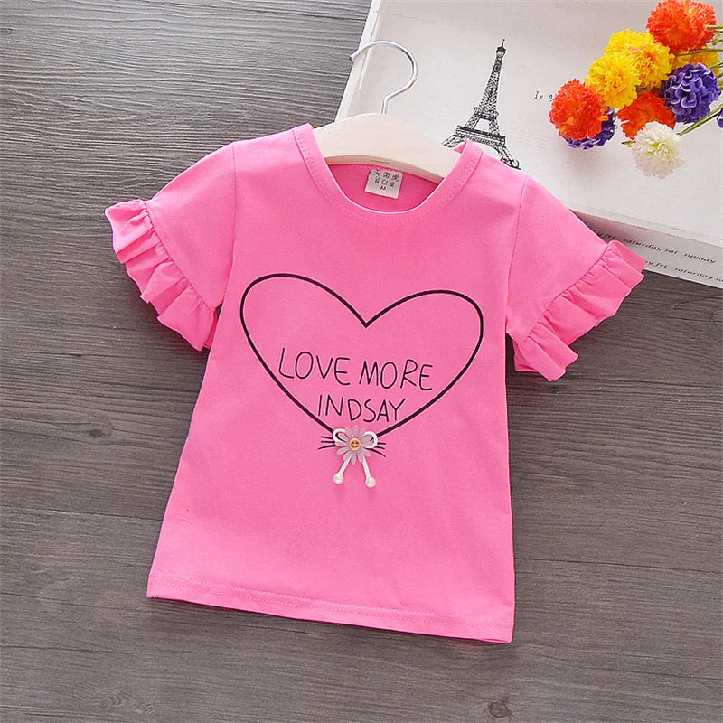 Girl T-shirt Flare Short Sleeve Tee Tops Heart Print Kid Girl Clothes Sweet Pullover Casual Children Infant Outfit T Shirt A836