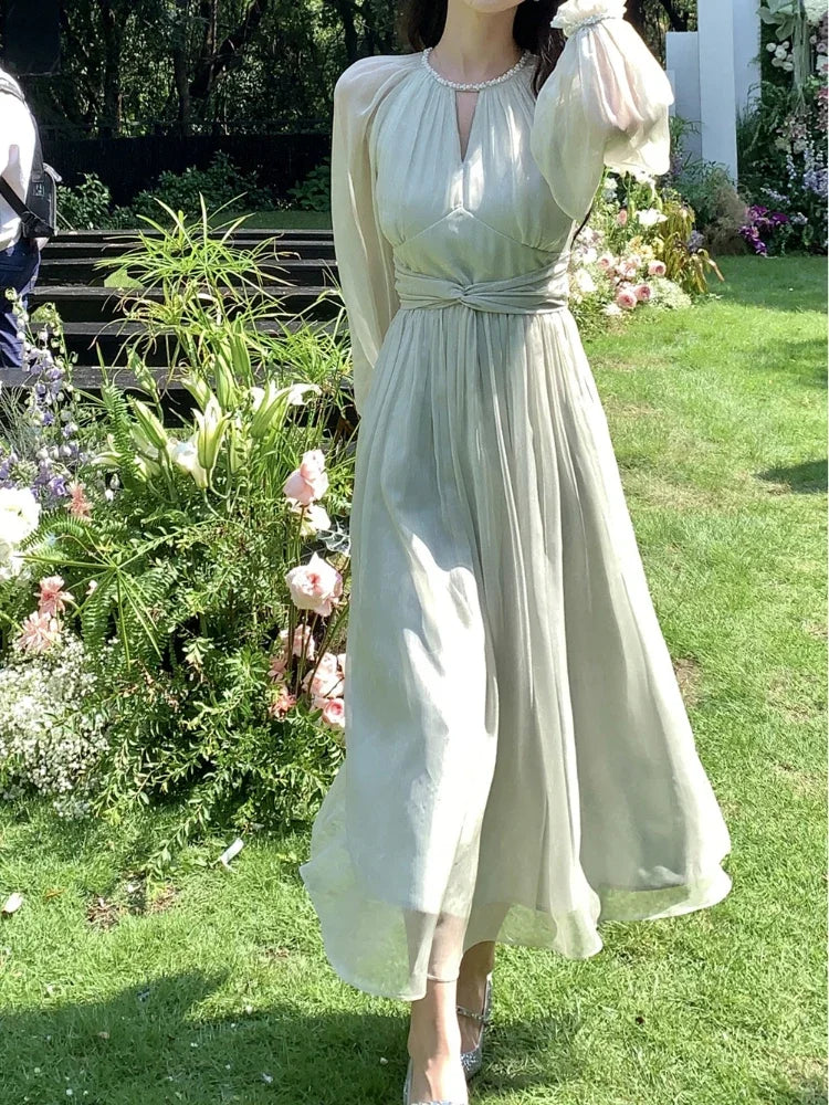 Autumn Casual Elegant Chiffon Dress Vintage Even Party Midi Dress Women Outwear One Piece Dress Chic Fashion
