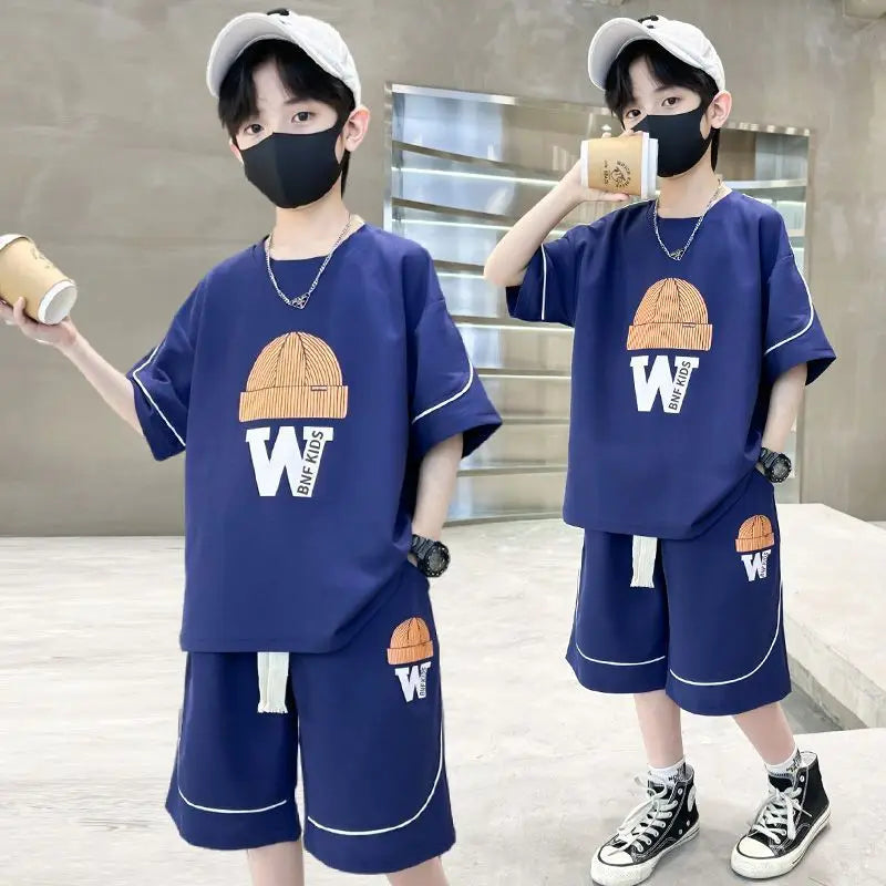 Boys Summer  New Casual Shorts Sleeve Sleeveless T-shirts+Pants 2pcs Sets kids Teenage Sportswear Children Outfits Set