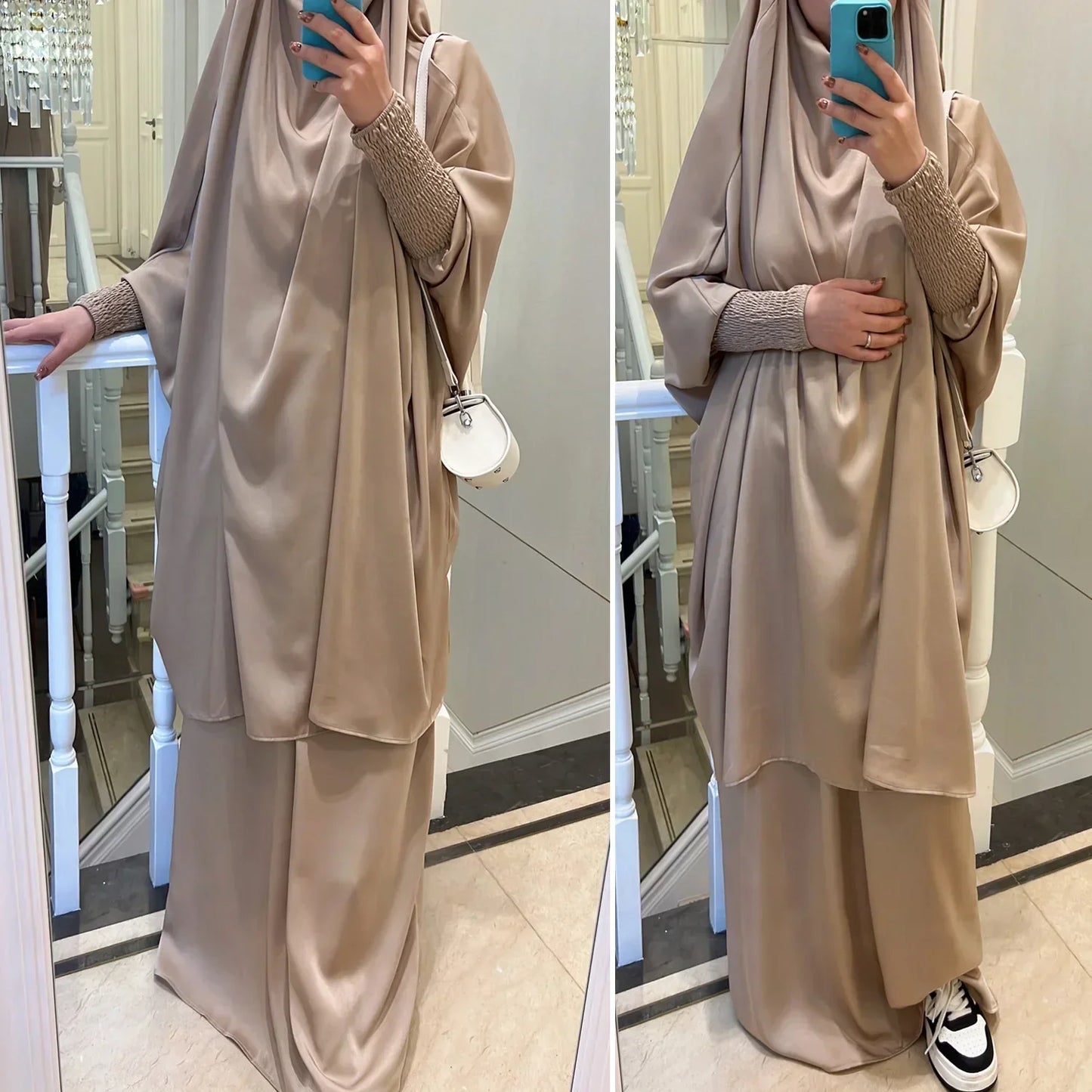 Ramadan Eid Jilbab 2 Piece Set Muslim Women Prayer Garment Abaya Dress Long Khimar Robe Niqab Islam Clothes Djellaba Burka