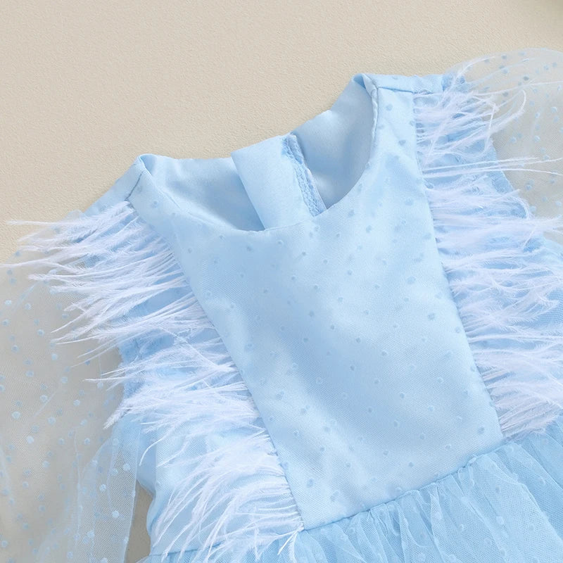 Infant Girl Princess Dress Long Sleeve Feather Trim Mesh Tutu Tulle Elegant Party Autumn Spring Fall Winter Zipper