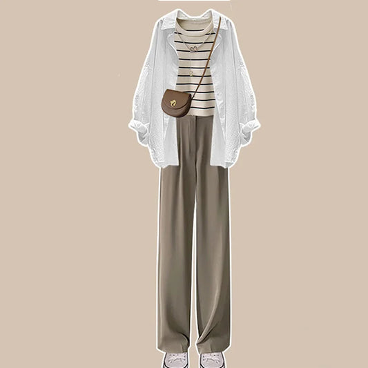 Spring and Autumn Set Women's  New Large Women's Casual Shirt Knitted Tank Top High Waist Wide Leg Pants Three Piece Set