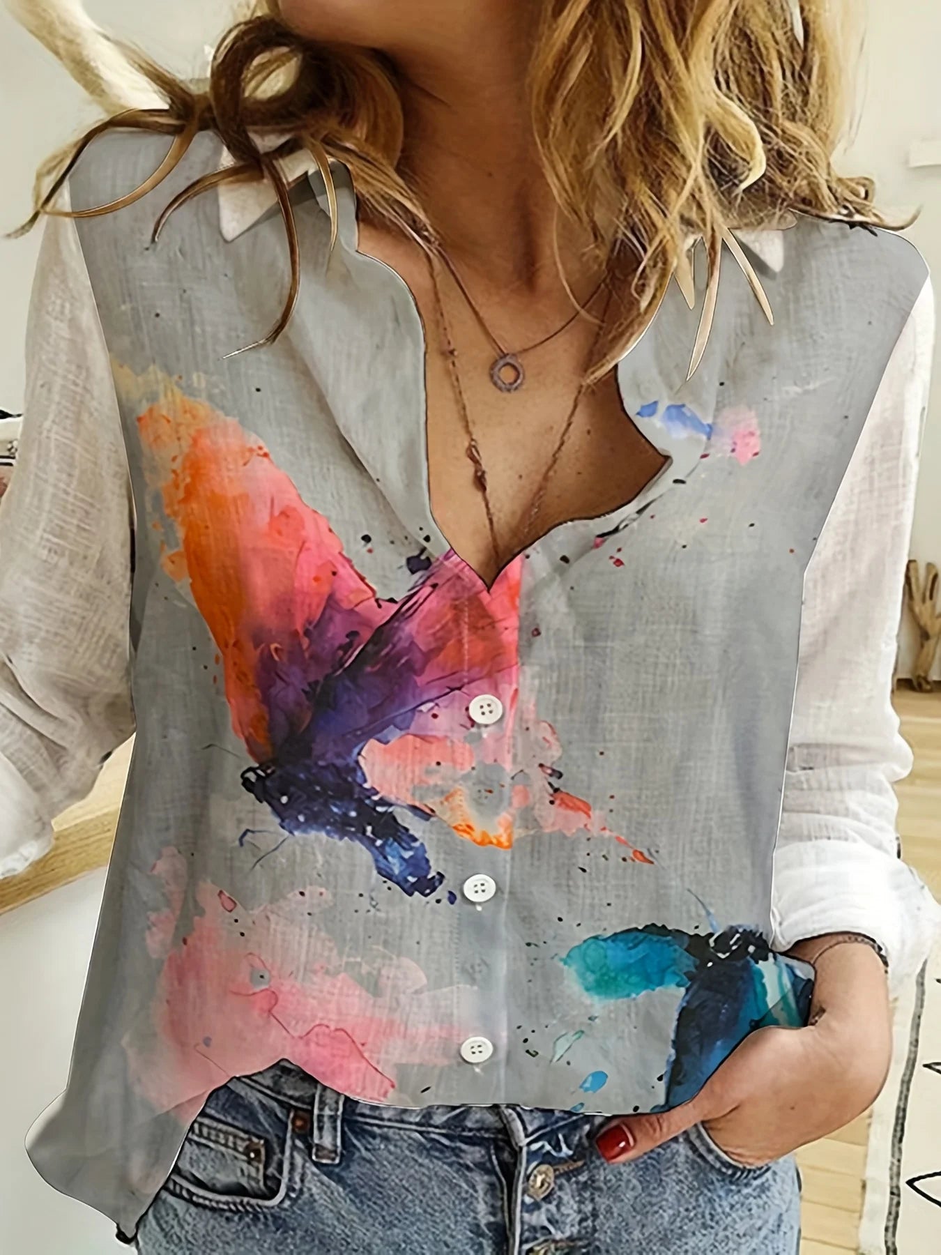 Fashion Retro Butterfly Group Print Long Sleeve Blouse  Spring Spring Lapel Button Casual Blouse Ladies Home Shirt