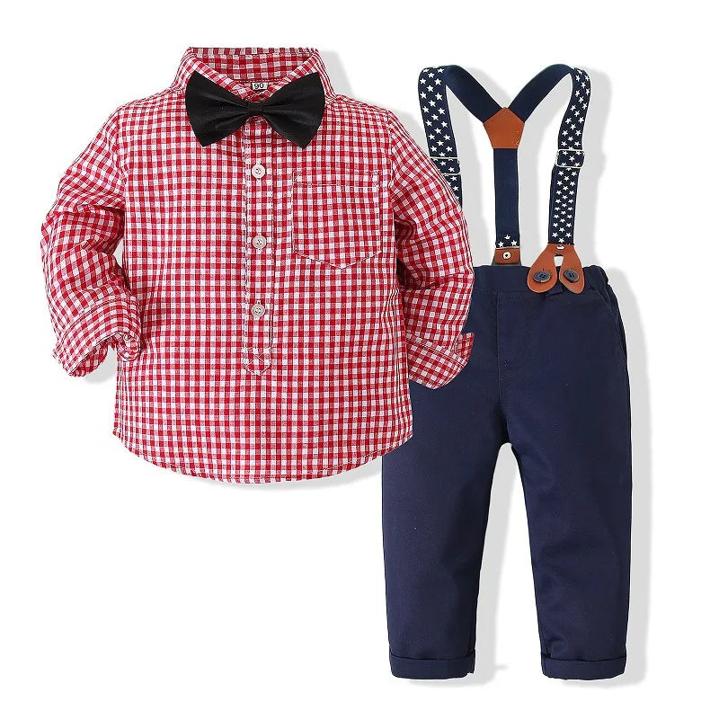 Spring Boys Outfit Set Korean Fashion Gentleman Plaid Cotton Tops+Pants+Strap+Tie Baby Clothing Newborn Clothes