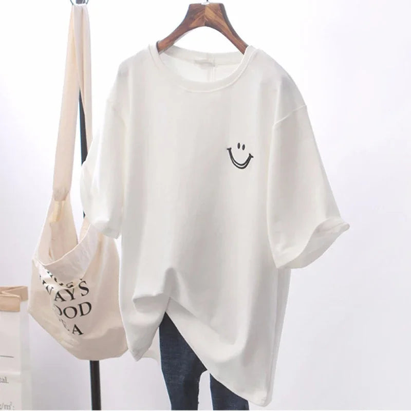 smile loose version T-shirt bottoming shirt white T-shirt student top