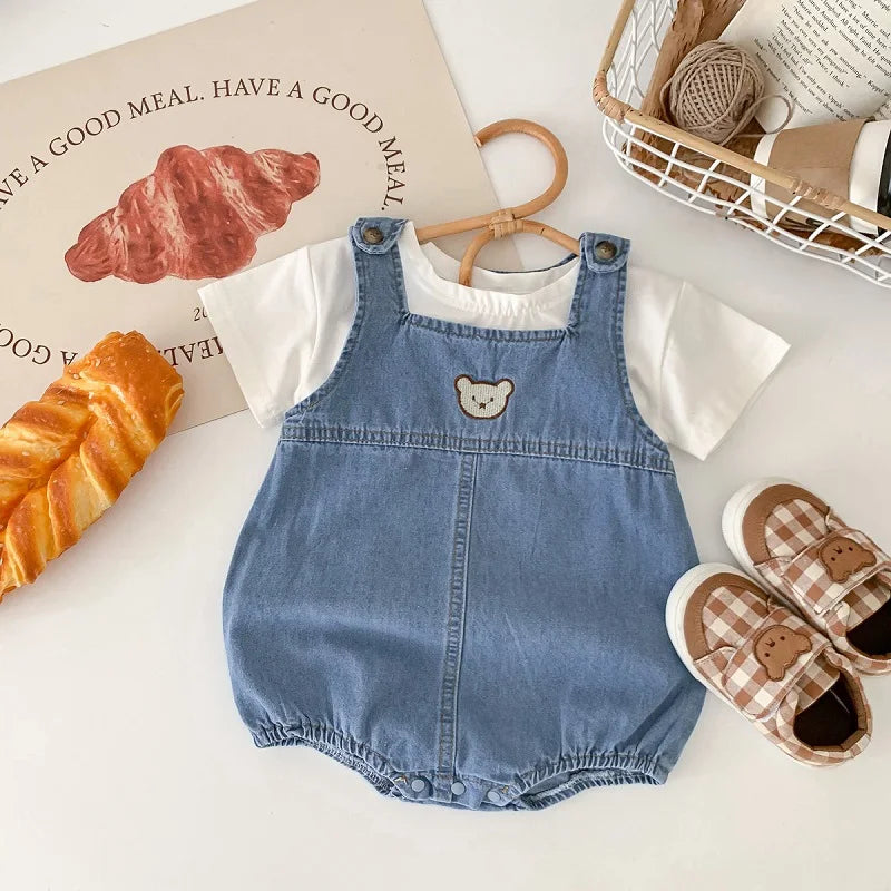 Summer Baby Clothing Denim Cartoon Bear Boys Sling jumpsuit Female Baby Short sleeved T-shirt Jeans Set
