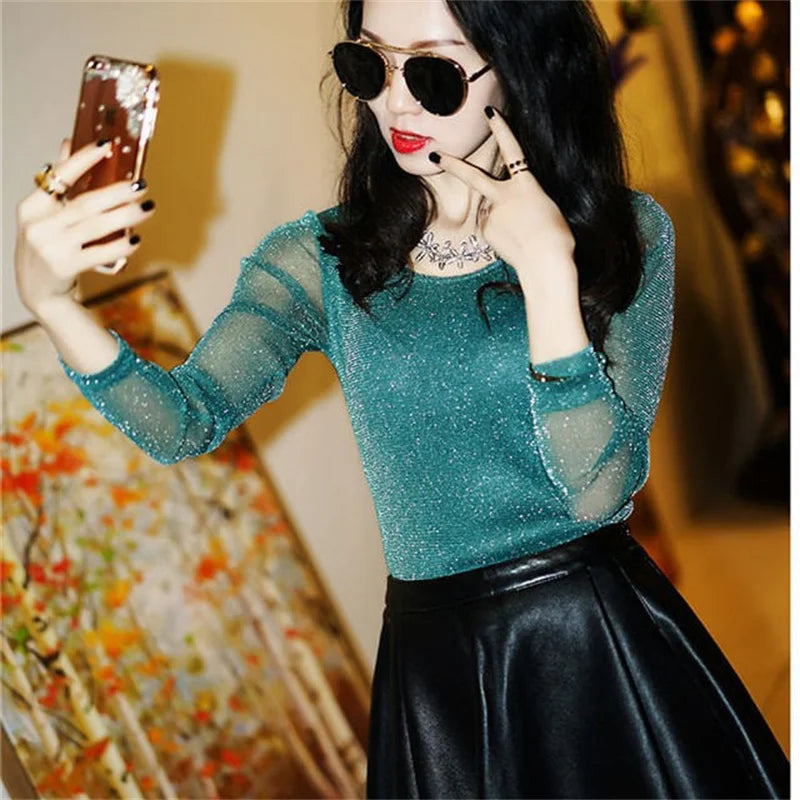 Women's Sexy Mesh Blouse Long Sleeve Transparent Shining Elegant Shirt Fashion Women Tops