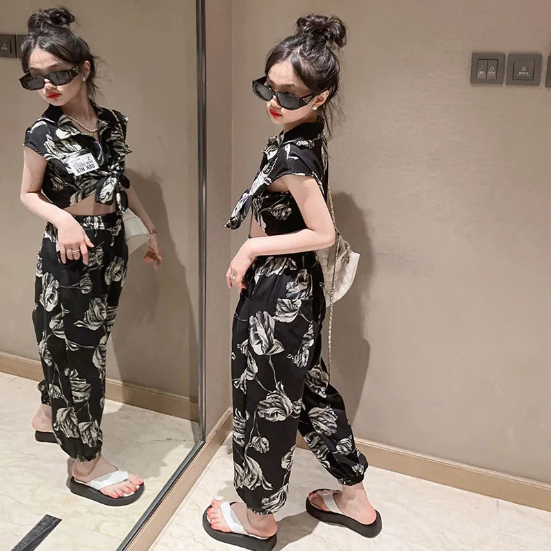 Summer  Baby Girls Clothes Sets Print Pattern Outfits Kids Clothes Shirt +Pants Children Clothing Set 5 6 7 8 9 10 11 12 Yrs