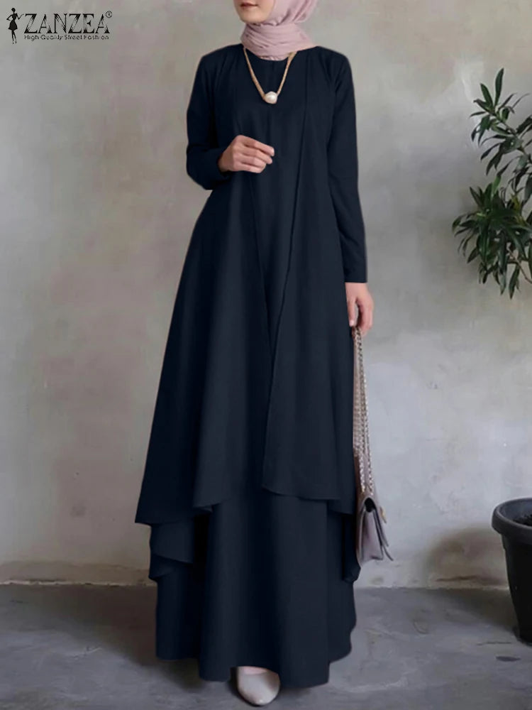 Muslim Dress Women Long Sleeve Abaya Sundress Casual Loose Islamic Clothing Eid Mubarak