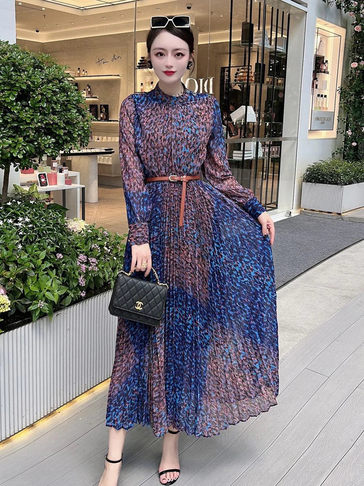 Runway Leopard Print Long Pleated Dress Women  Spring Elegant Designer Long Sleeve Vintage Bohemian Holiday Vestidos