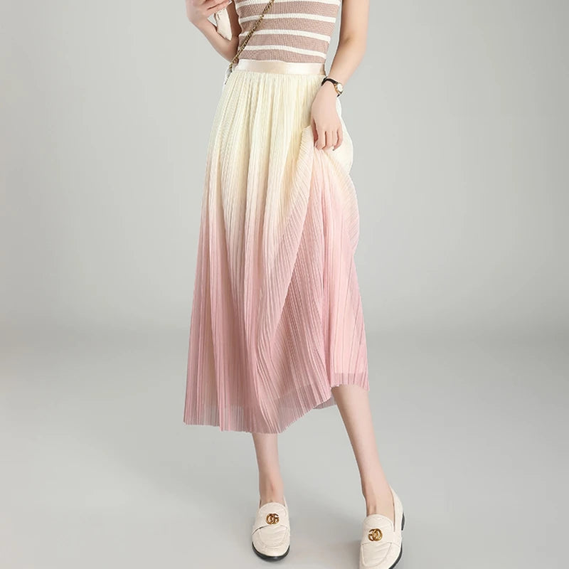 Fashion Gradient Pleated Mesh Tulle Skirts Women Elegant Casual High Waist A-Line Party Midi Long Skirt Ladies Spring Summer