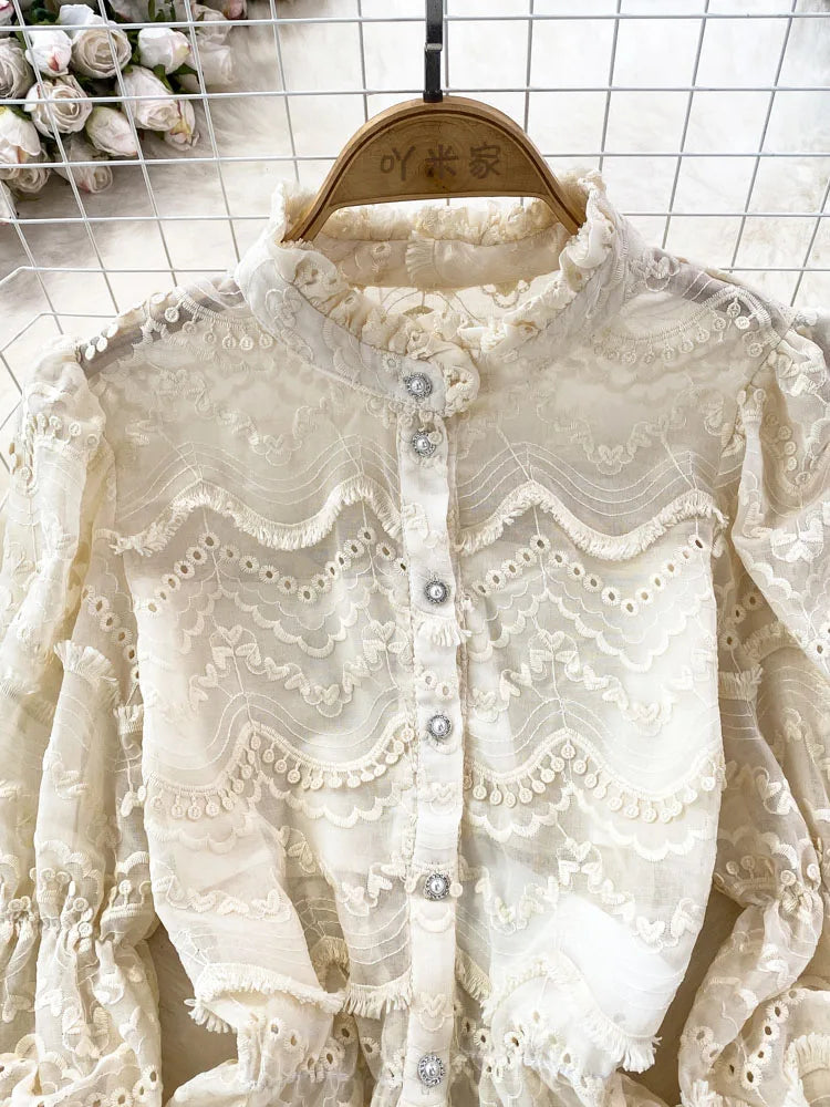 Women Shirt Retro Court Style Trumpet Long Sleeved Stand Up Collar Single Breasted Hollowed Out Lace Shirt Top