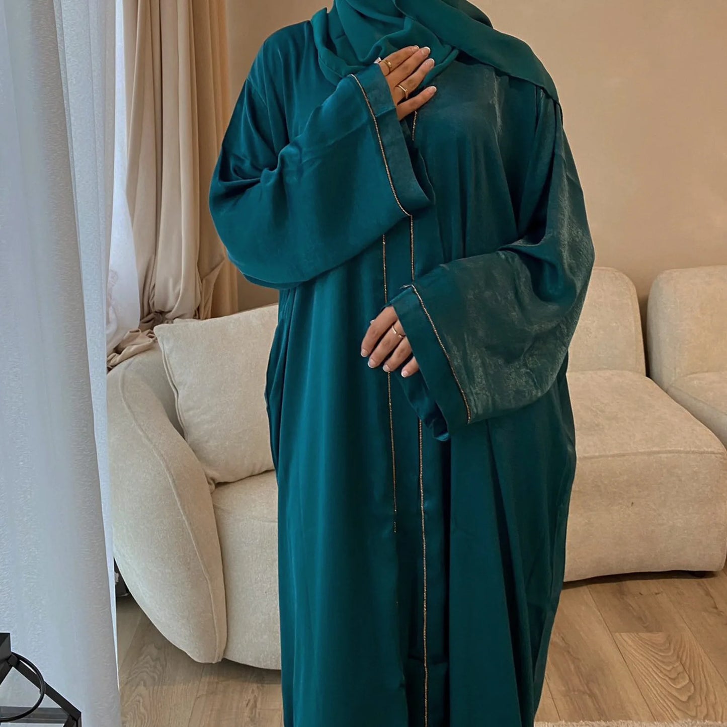 Satin Surface Edging Long Dress Turkey Arab clothing Women Kaftan Abaya Dress