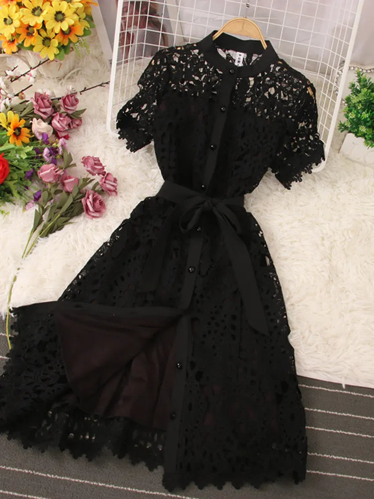French Stylish Hollow Out Lace Vestido Women Elegant Evening Dress