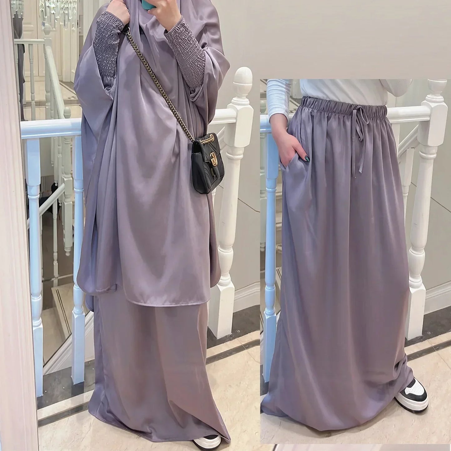 Ramadan Eid Jilbab 2 Piece Set Muslim Women Prayer Garment Abaya Dress Long Khimar Robe Niqab Islam Clothes Djellaba Burka