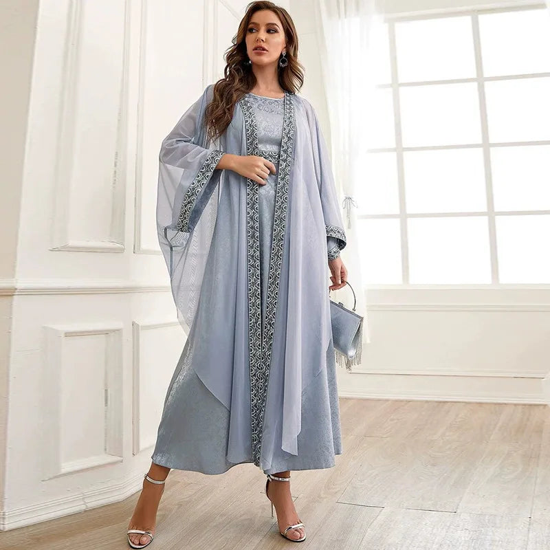 Autumn Muslim New Middle East Dubai Arab Abaya Embroidery Set Female Side laxury