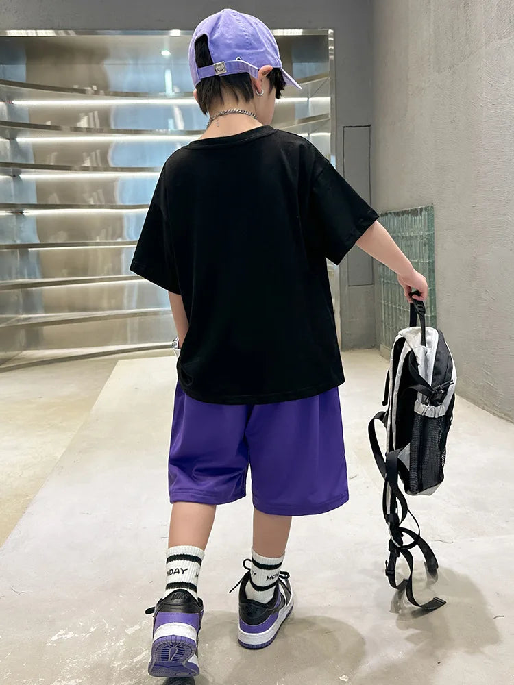 Summer Boys Cotton Contrast Alphabet t-Shirt Tops+Drawstring Shorts Set School Kids Tracksuit Child 2PCS Jogger Outfit