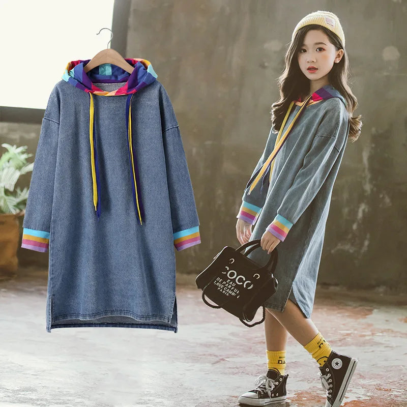 Teenager Girls Autumn Winter Kids Sweater loose demin Dresses Princess rainbow hooded sweatshirt