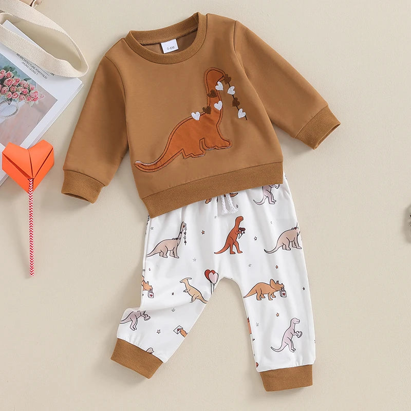 Toddler Boys 2PCS Autumn Fashion Pants Sets Long Sleeve Cartoon Dinosaur Print Sweatshirt and Drawstring Pants Sets