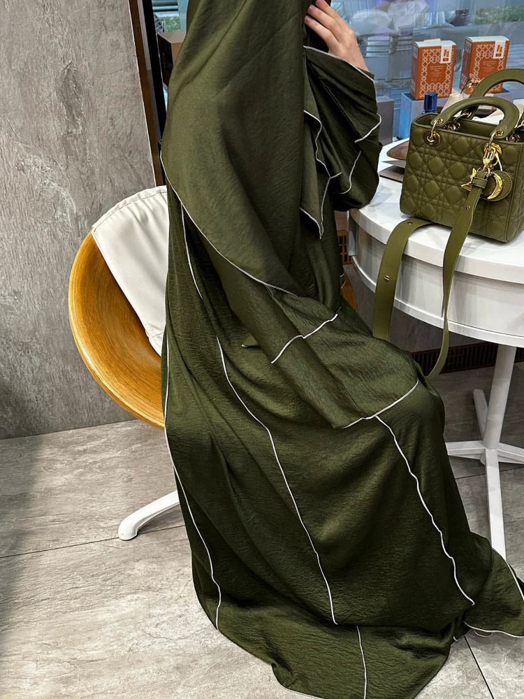 Eid Muslim Abaya for Women 3 Piece Set Abayas & Inner Dress & Headscarf Eid Prayer Dress Lace-up Ramadan Long Robe