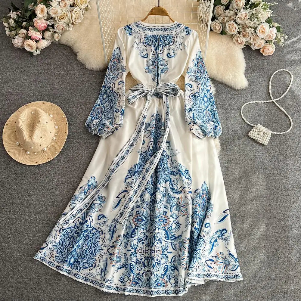 Autumn Runway Blue Flower Dress Women's V-Neck Long Puff Sleeve Single Breasted Floral Print Belt Boho Maxi Party Vestidos