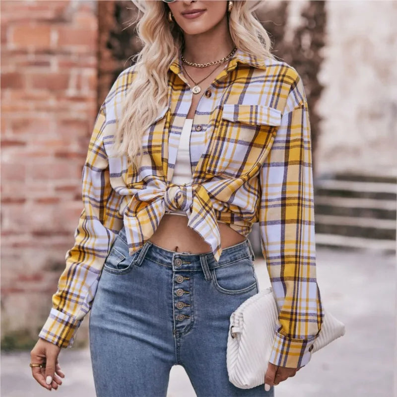 Leisure Fashion Loose Plaid Shirt Spring /Autumn Pocket Office Blouse Ropa Femenina Vintage Camisas  Blouses De  Tops Women