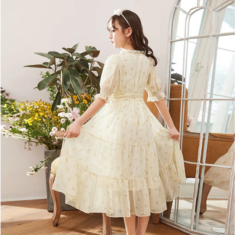 Girls Summer New Dress Youth Chiffon Waist Princess Skirt Children Pastoral Style Clothes
