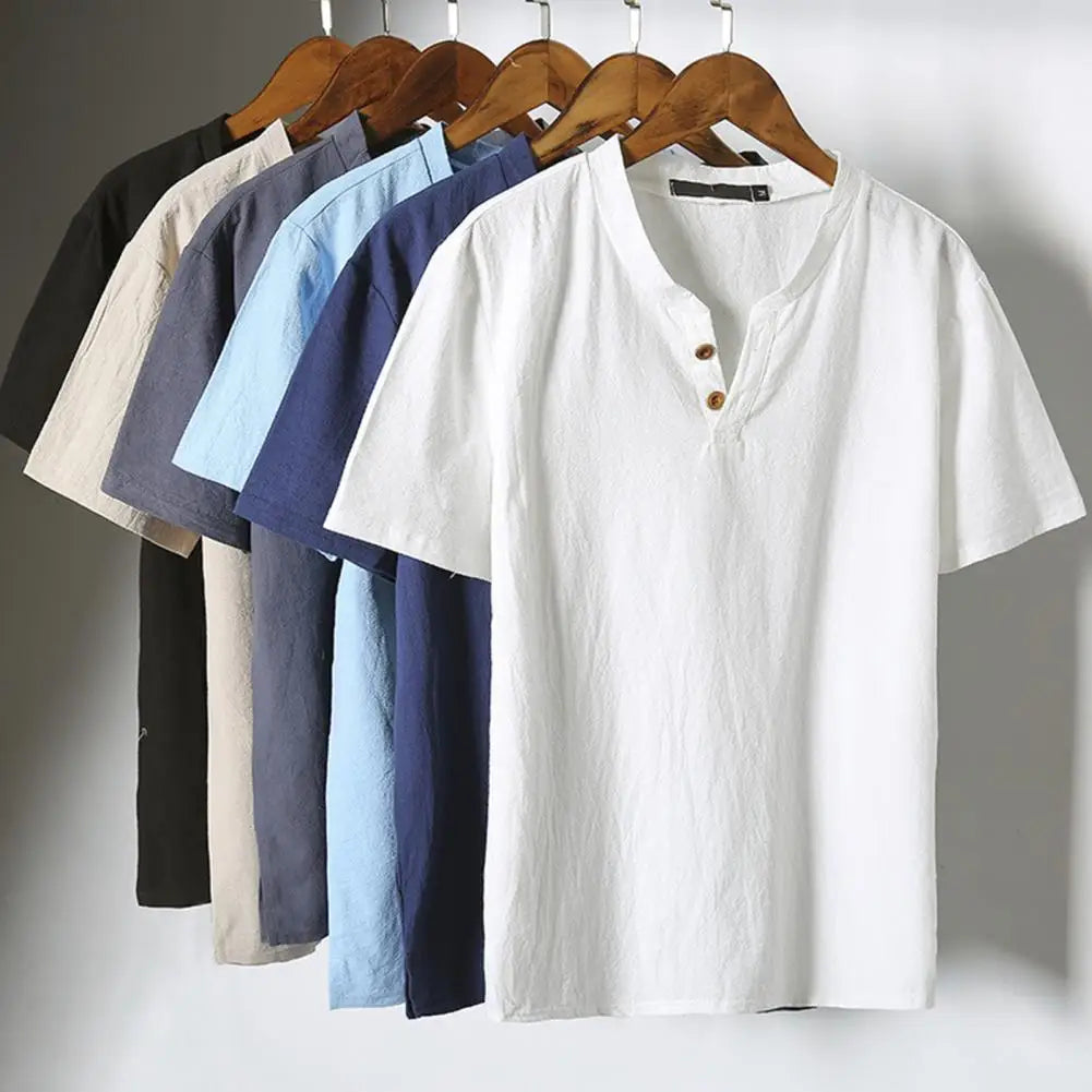 Fashion Men'S Linen T-shirt Short Sleeves V Neck Button Solid Color Slim Fit Summer Casual Short Male Tee Shirt Top