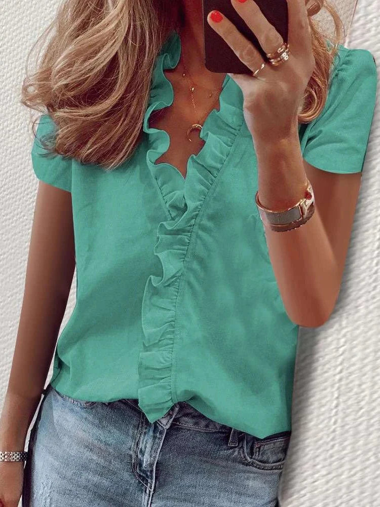 Casual Short Sleeve V Neck Ruffles Blouses Elegant Shirts Summer Vintage  Loose Tops Female Boho Tunic