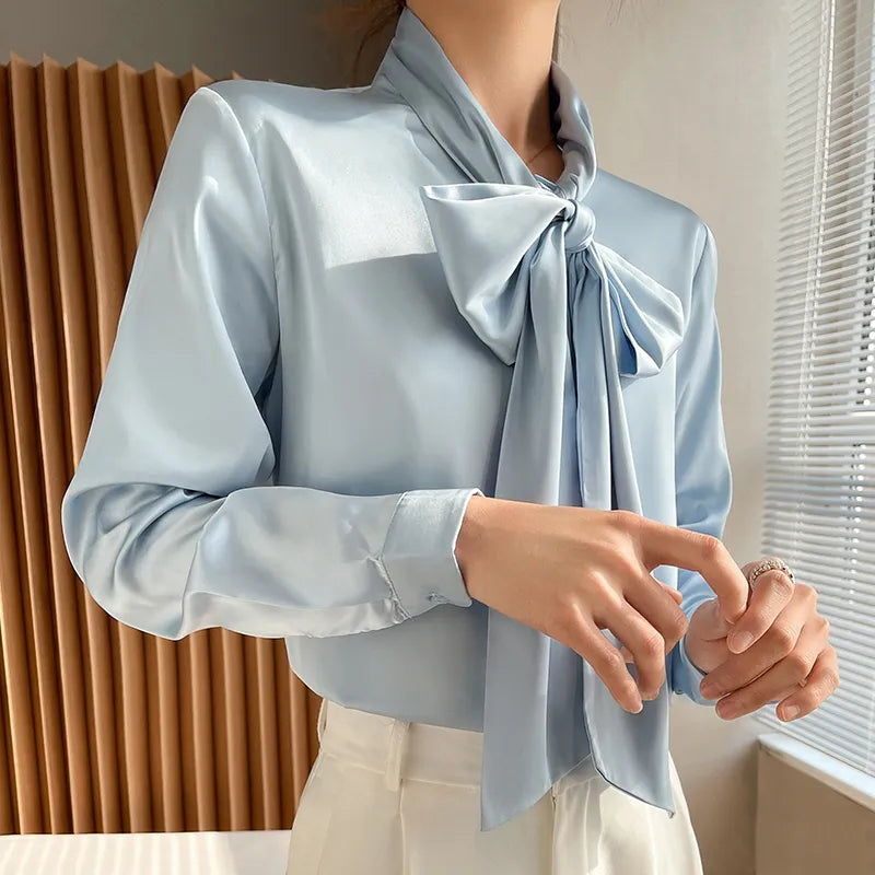 Long Sleeves Butterfly Bow Tie Blouse Solid Color Silk Satin Shirt Thin Casual Tops Women