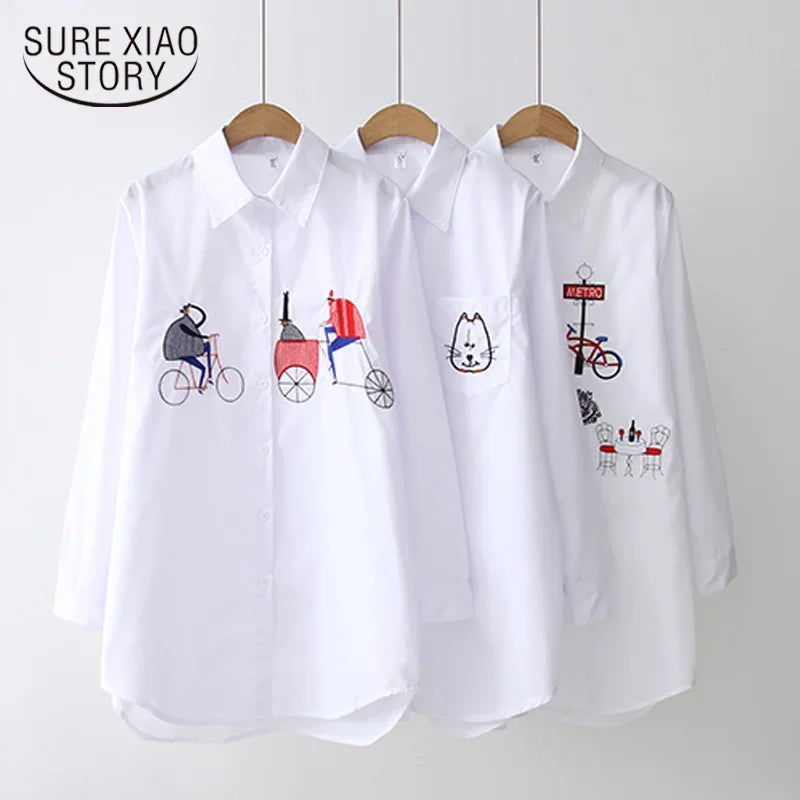 White Women Blouse Long Sleeve Cotton Embroidery Blouse Lady Casual Button Design Turn Down Collar Female Shirt