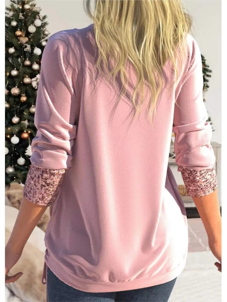 Women's Sequins Fake Two Pieces Blouse Spring Autumn Solid Long Sleeve Casual Pleated Loose Elegant Blouses Tops