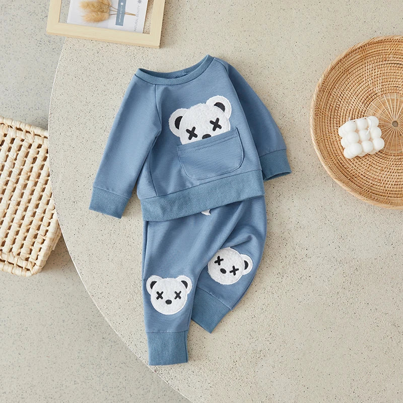 Toddler Boys Autumn 2Pcs Pants Set Long Sleeve Bear Embroidery Pullover Tops and Drawstring Pants Sets   0-3Years