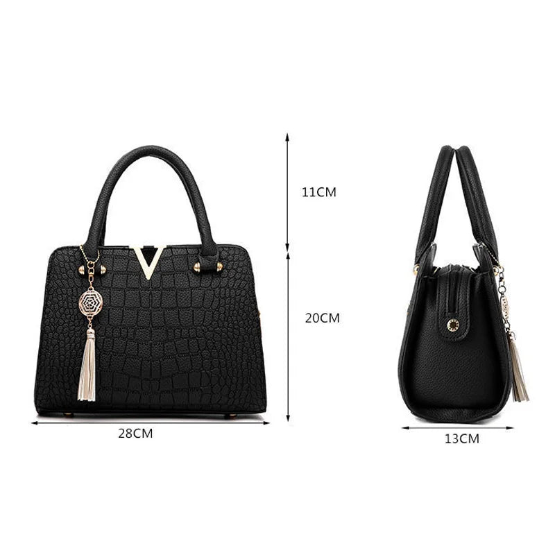 Fashion Women Handbags Tassel PU Leather Totes Bag Top-handle Embroidery Bag Shoulder Bag Lady Simple Style Crocodile pattern