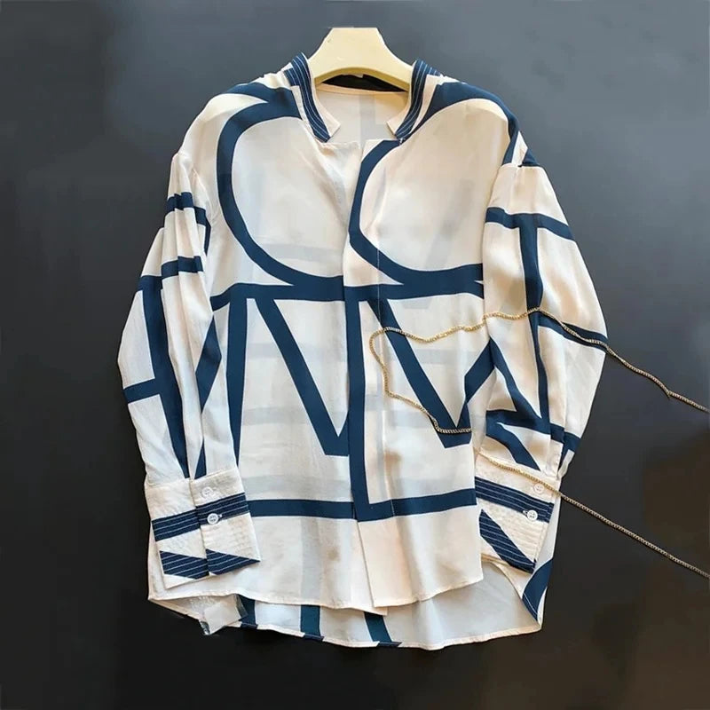 Women Spring Summer Satin blouses Blouses Shirt Lady Casual Long Sleeve Turn-down Collar Print Slim Tops